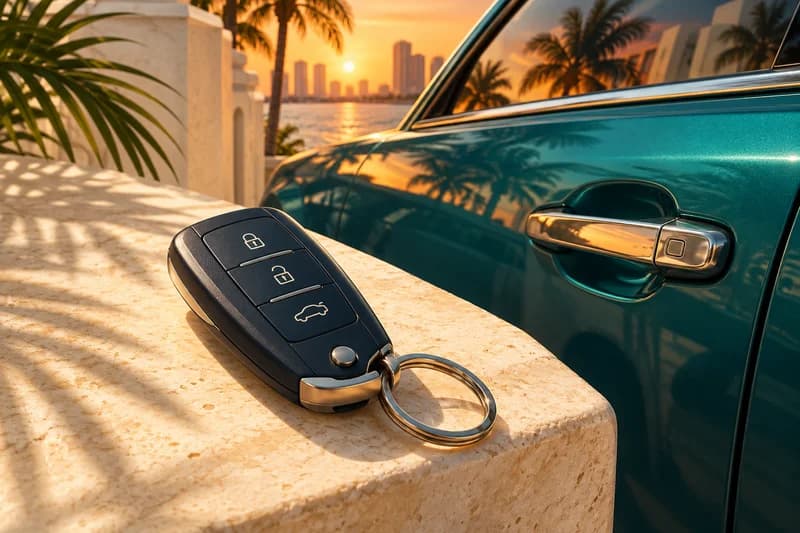 Illustration of a car key fob beside a teal vehicle