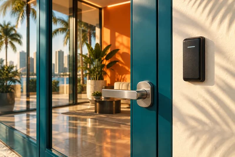 Illustration of a commercial glass entrance and access card reader