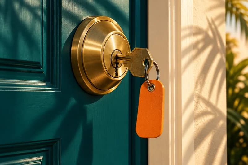 Illustration of a key in a brass deadbolt on a teal door