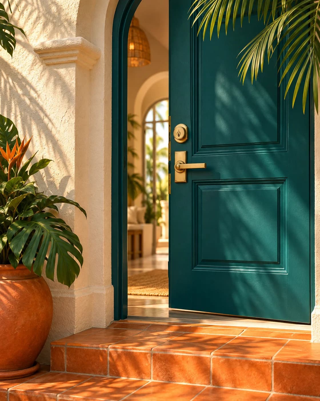 Illustration of a sunlit Miami entrance with a teal door and brass lock