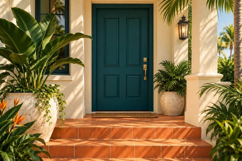 Illustration of a welcoming Miami home entrance with a teal door